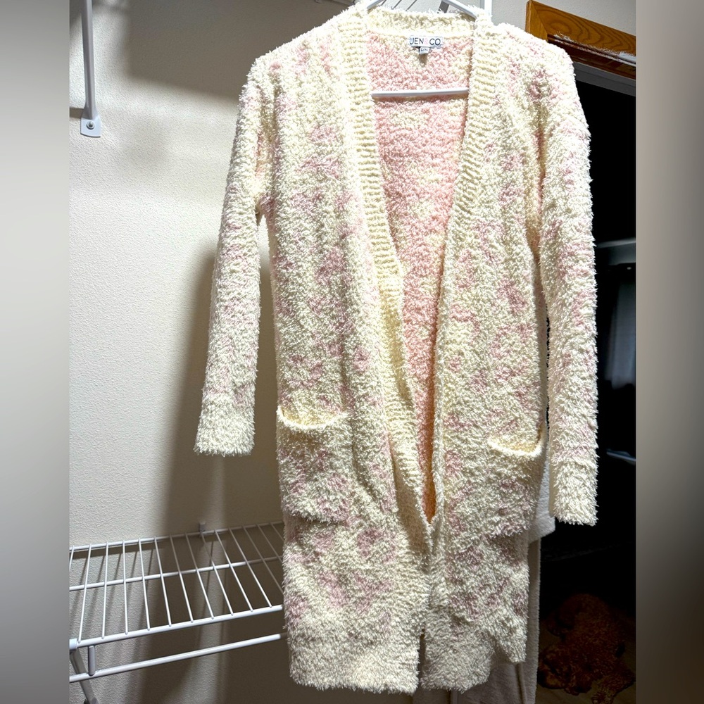 Women's Cream and Pink Open Cardigan Sweater